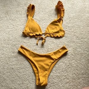 Marigold Ruffle Detail Bikini With Cheeky High-Cut Bottoms and Triangle Top